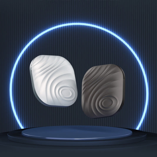 Two Bluetooth phone key trackers with key rings, light and dark gray