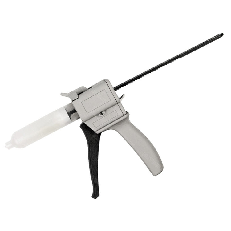 Manual glue pusher gun with grey handle and black ribbed push rod
