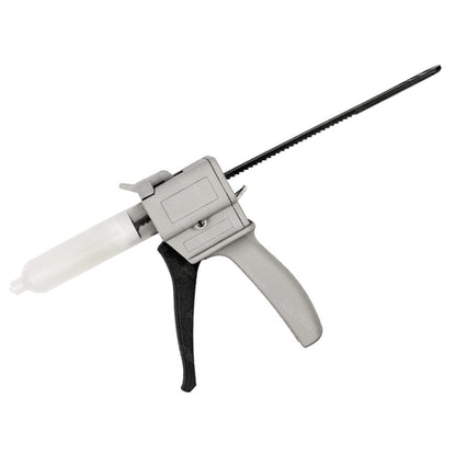 Manual glue pusher gun with grey handle and black ribbed push rod