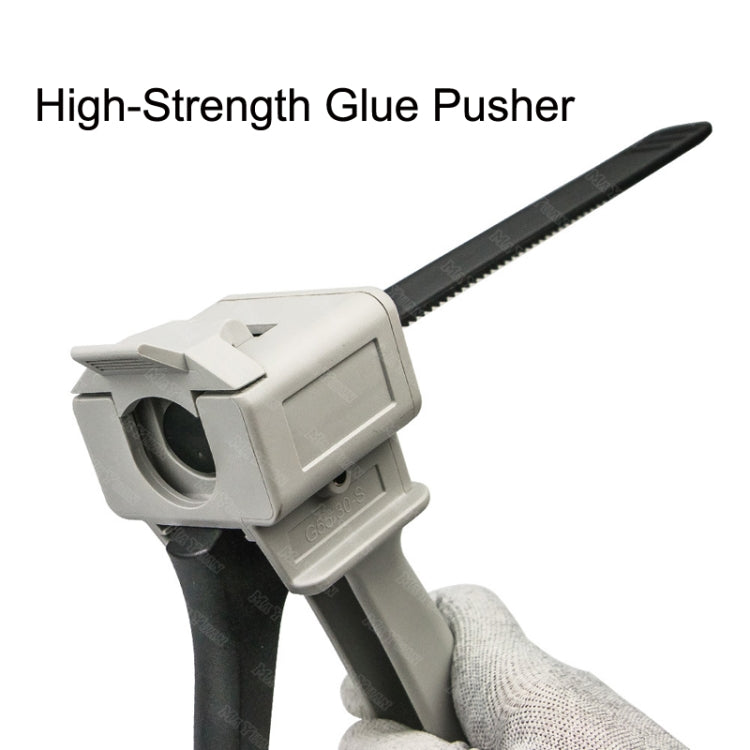 Manual glue pusher tool with long black guide and grey nozzle head