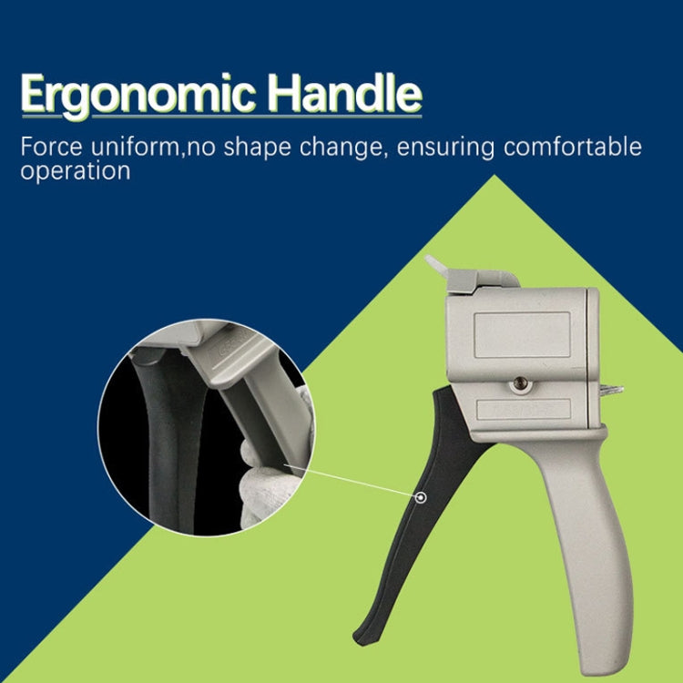 Manual glue pusher gun with ergonomic grey handle and black trigger grip