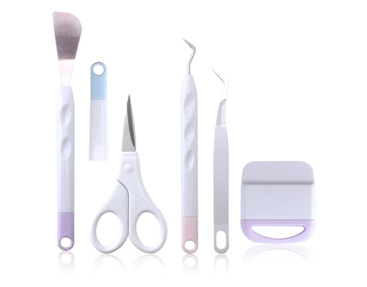 Vinyl weeding tool set with white handled accessories and gray snap storage case