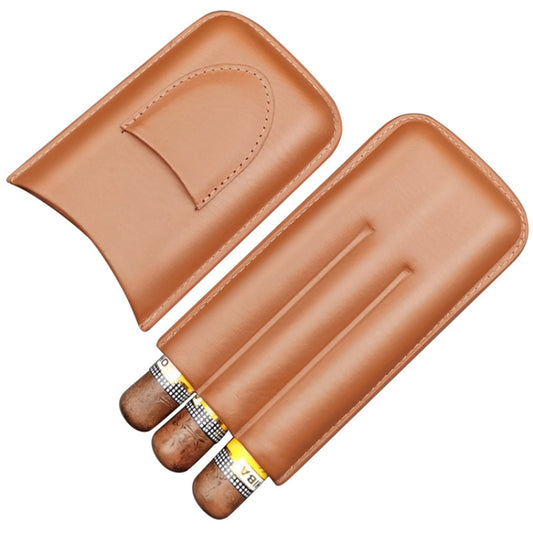 Brown leather-style cigar holster with front flap and 3 cigar slots, travel case.