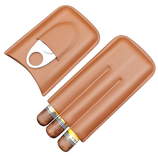Brown leather-style cigar holster with front flap and circular access cutout.