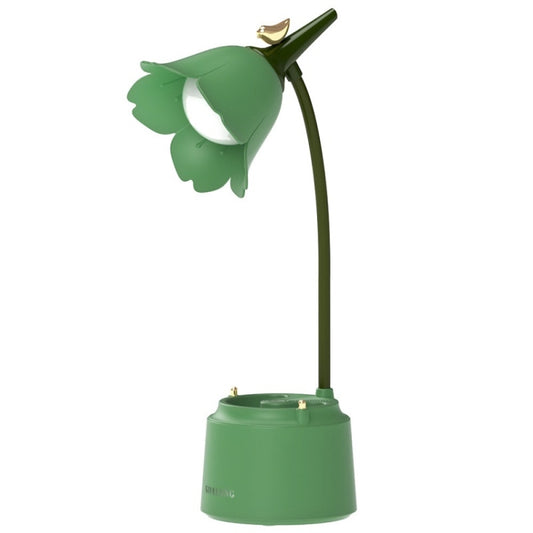 Green foldable LED desk lamp night light with flower shade and round base
