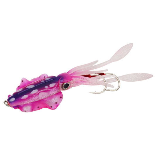 Purple and pink soft squid fishing lure with glitter tentacles and treble hooks