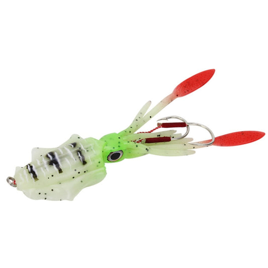 White and green soft squid fishing lure with red-tipped tentacles and treble hooks