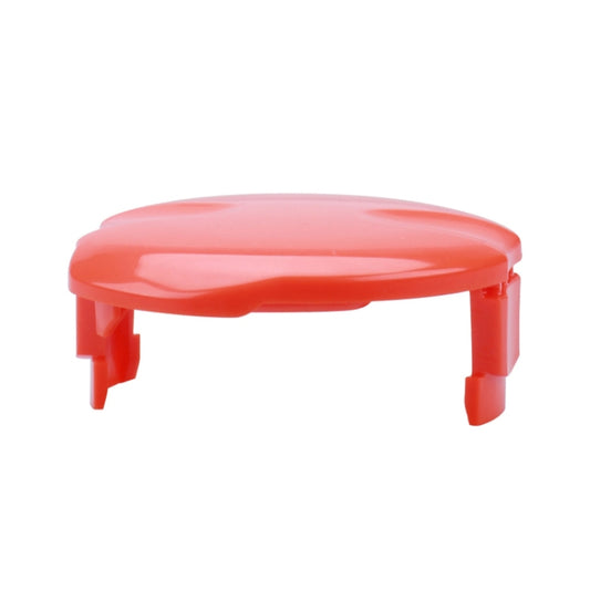 Red Flymo lawn mower spool cover with raised rim and side mounting tabs