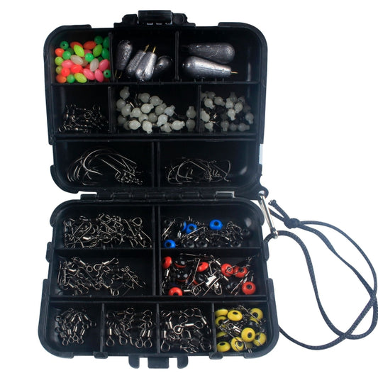 Fishing tackle accessory set in black hinged case, assorted hooks and beads (177 pcs)