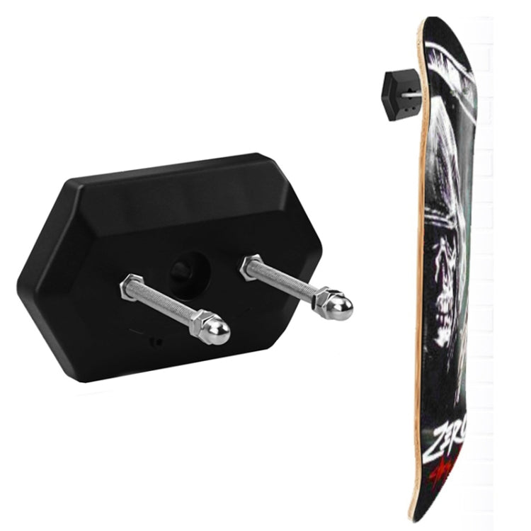Black wall mount skateboard stand with two silver mounting bolts