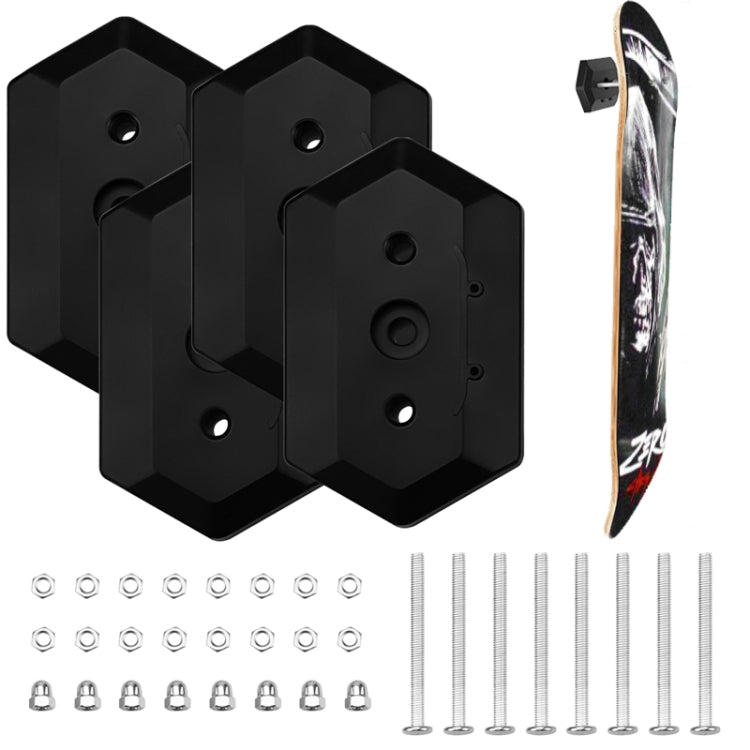 Set of black wall mount skateboard stands with screws and silver mounting bolts