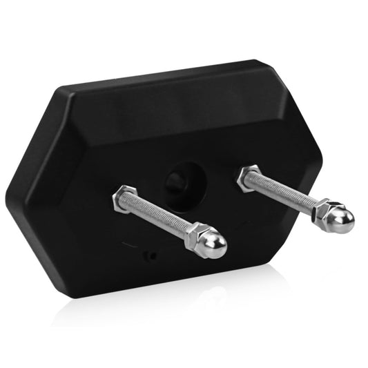 Black wall mount skateboard stand with two silver bolts on ABS base