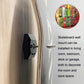 Wall-mounted black skateboard stand with two silver bolts and fixing screws