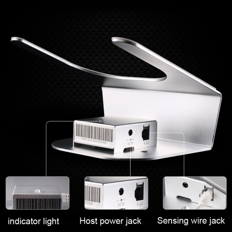 Anti-theft tablet stand with base showing host power jack and indicator light