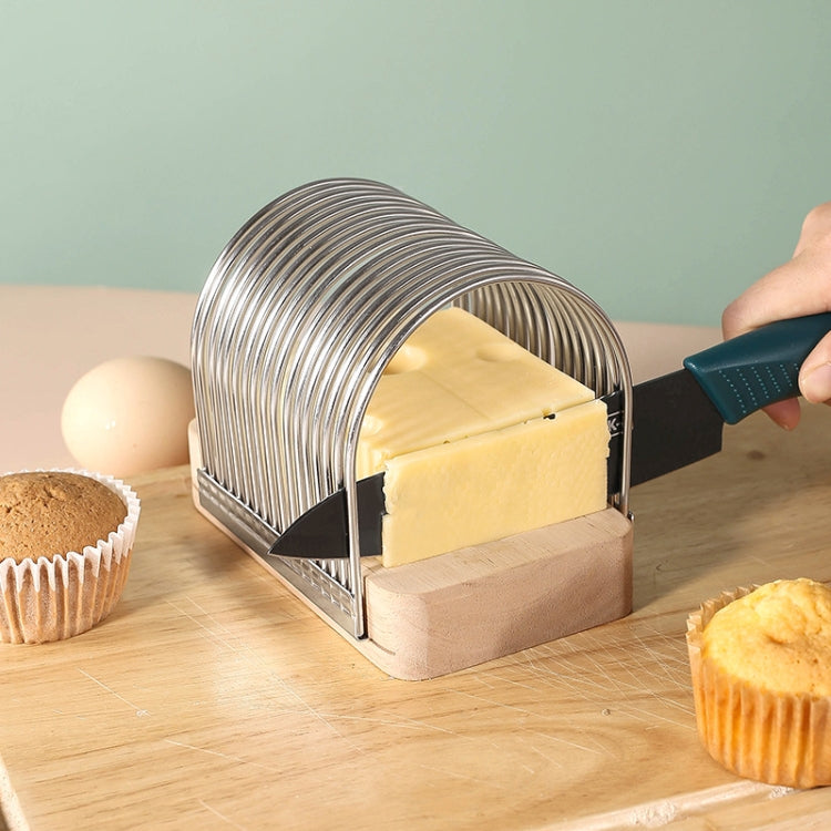 Stainless steel toast and cheese slicer with wooden base and front cutting guides