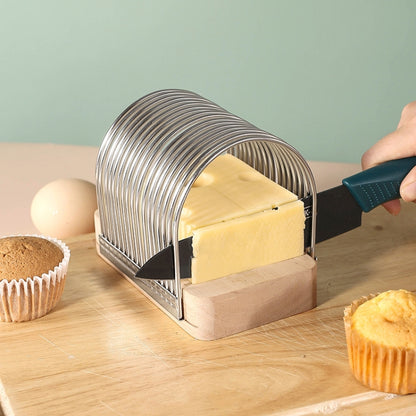 Stainless steel toast and cheese slicer with wooden base and front cutting guides