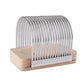 Stainless steel arched slicer with wooden base and vertical cutting slots