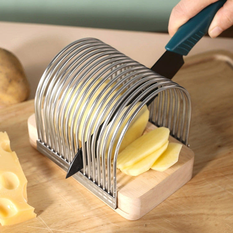Cheese slicer tool with arched stainless bars, wooden base, and cutting blade