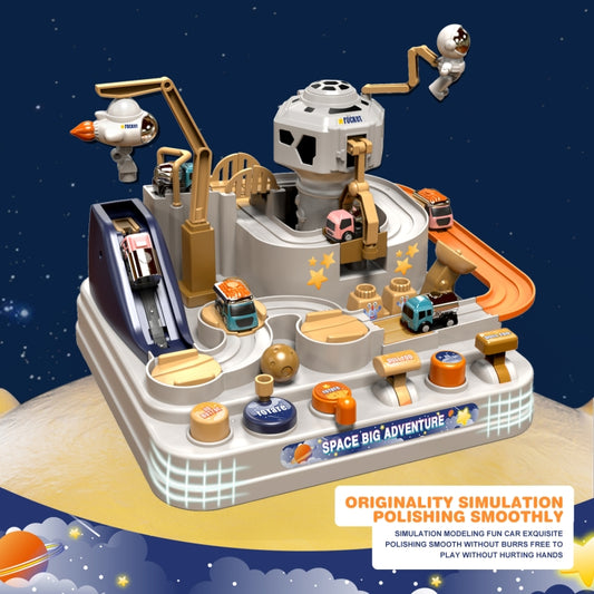 Space-themed mechanical rail car track set with astronaut standing on rocket launcher