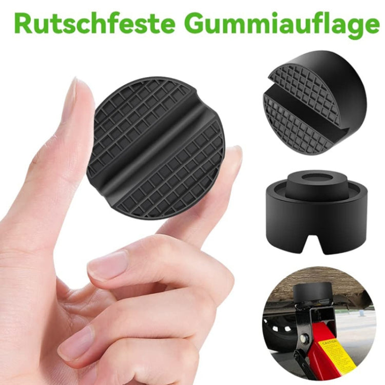 Universal jack rubber block, black textured pad with center slot, shown in hand