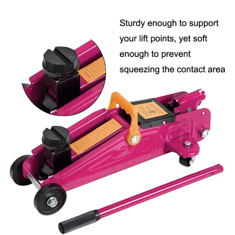 Universal jack rubber support blocks on a pink hydraulic jack, four black pads