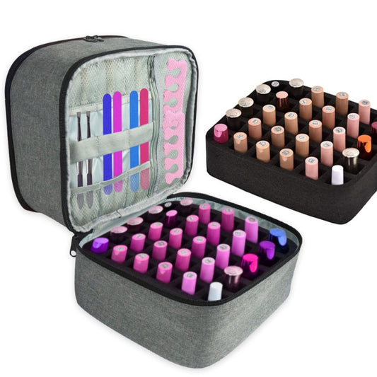 Grey nail polish and essential oil storage bag, open with bottle slots and clear pocket