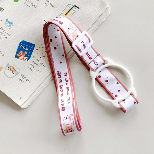 Adjustable baby bottle lanyard strap, red with milk tea drink print and white clip.