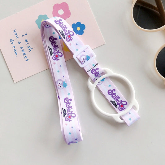 Adjustable baby bottle lanyard strap, light purple with character and star pattern and white clip.