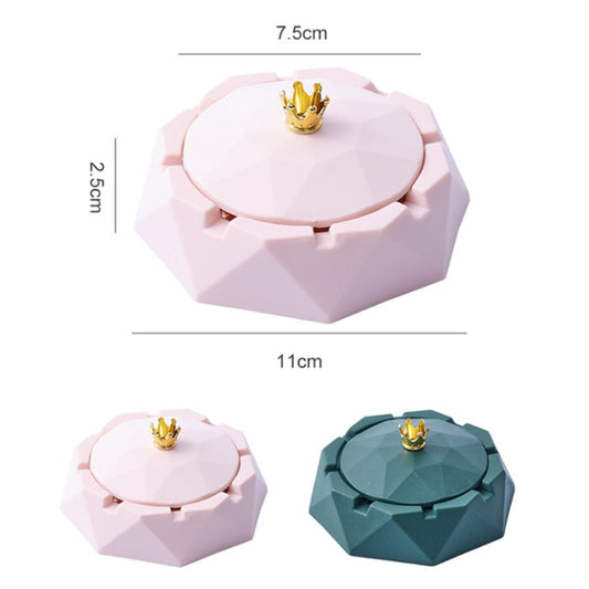 Covered ashtray in pink and dark green, gold crown knob on top