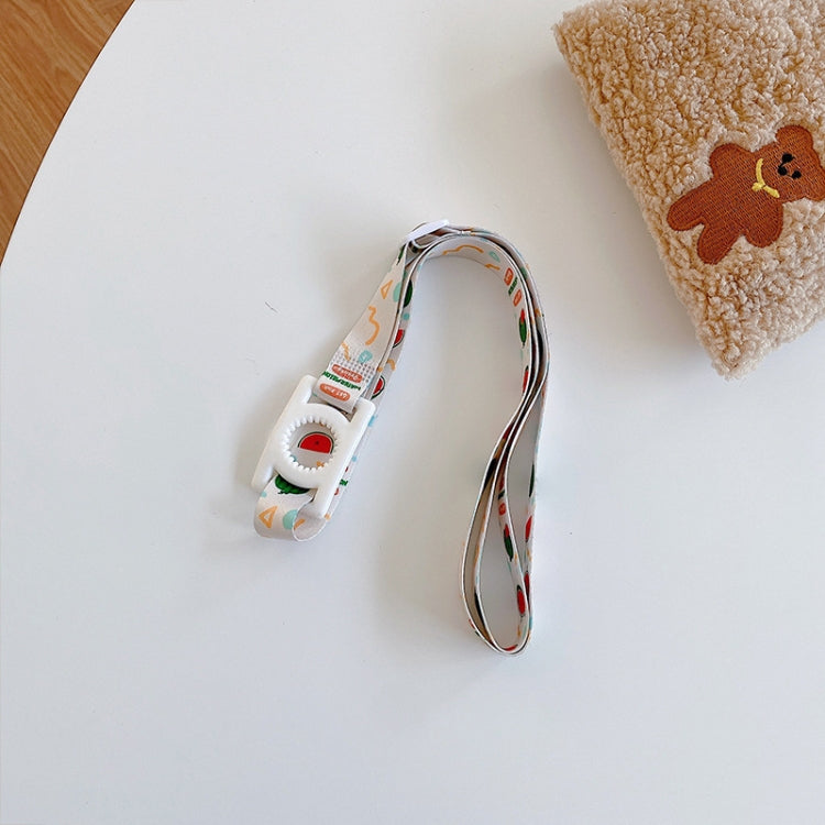 Kids beverage bottle lanyard strap, multicolor border print on white