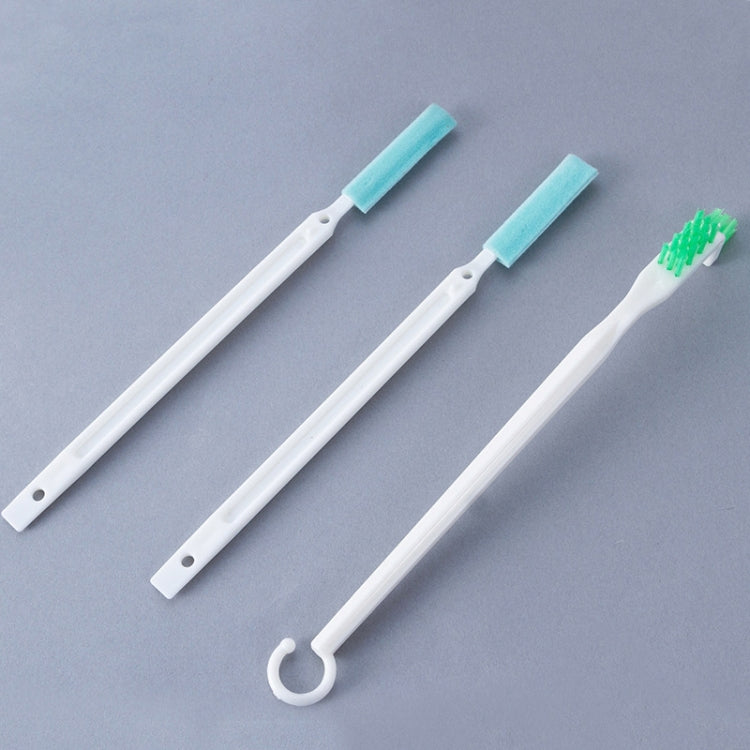Three-piece crevice cleaning brush set with light-blue foam heads and green bristles