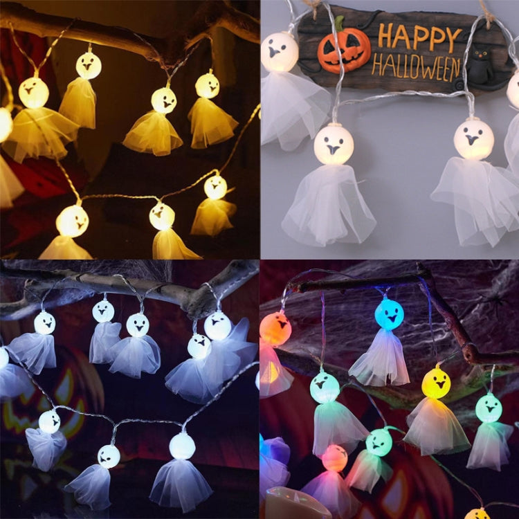 LED ghost string lights with tulle ghost ornaments in warm, cool, and colorful glow