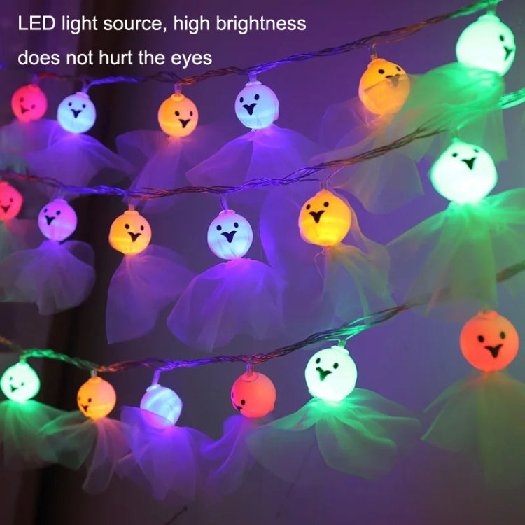 Colorful LED ghost string lights with smiling fabric ghost faces in multicolor glow