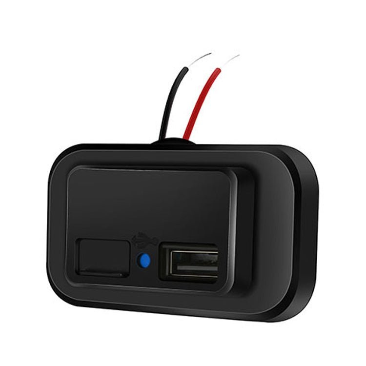 Black dual USB car charger with automatic spring dust cover and blue indicator light