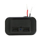 Black dual USB car charger with dust cover open, showing two USB ports and wires