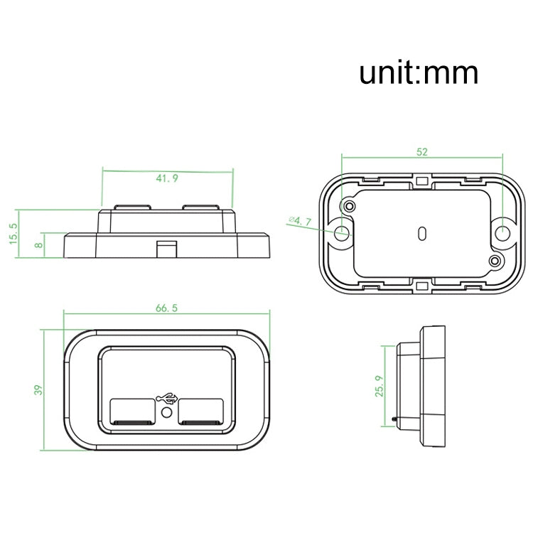 Dual USB car charger mounting dimensions diagram with front, side, and top views