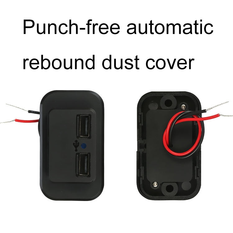 Black dual USB car charger with dust cover and red/black wired leads