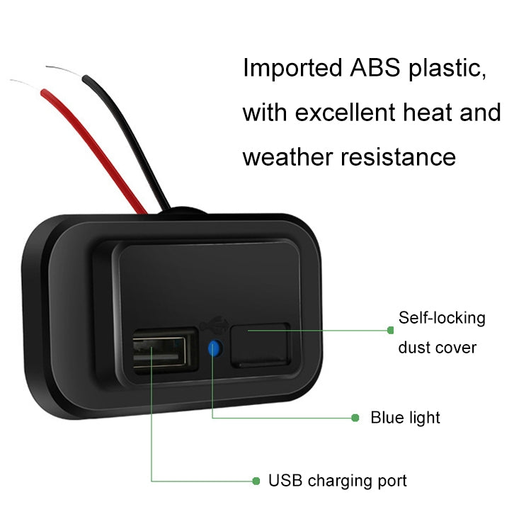 Black dual USB car charger with self-locking dust cover and blue status indicator