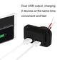 Dual USB car charger with two plugs inserted, dust cover closed, blue status light