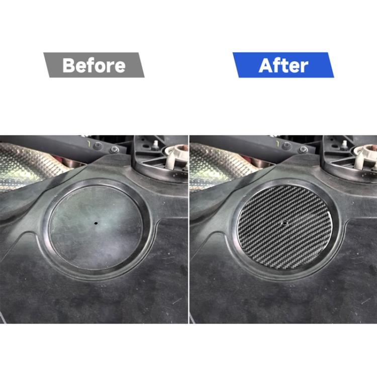 Engine compartment round sticker installed over panel, black-gray carbon fiber weave