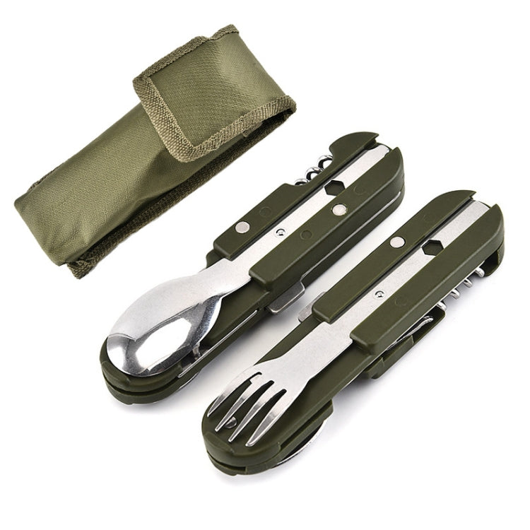 Olive green folding cutlery set: knife, fork, and spoon with fabric pouch