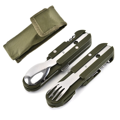 Olive green folding cutlery set: knife, fork, and spoon with fabric pouch