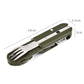 Olive green folding knife-fork-spoon multi-tool, compact 14 cm length