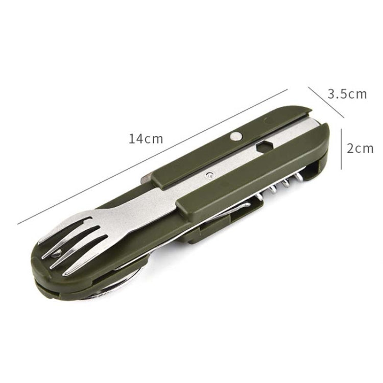 Olive green folding knife-fork-spoon multi-tool, compact 14 cm length