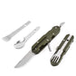 Olive and silver folding multi-tool with knife, fork, and spoon open