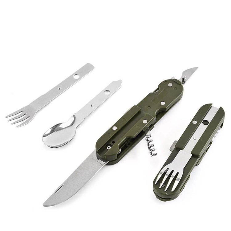 Olive and silver folding multi-tool with knife, fork, and spoon open