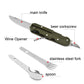Olive folding multi-tool with knife, corkscrew, wine opener, fork, and spoon
