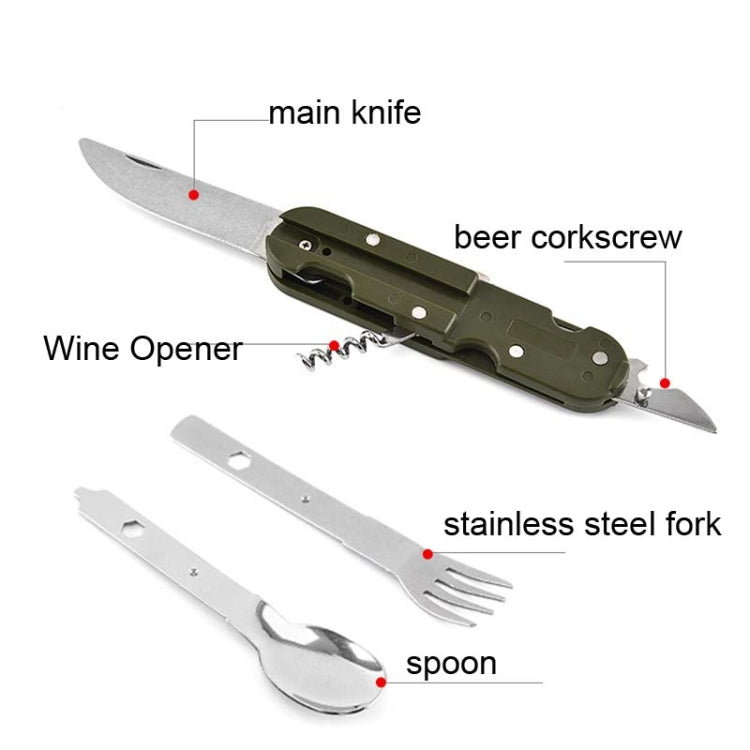 Olive folding multi-tool with knife, corkscrew, wine opener, fork, and spoon