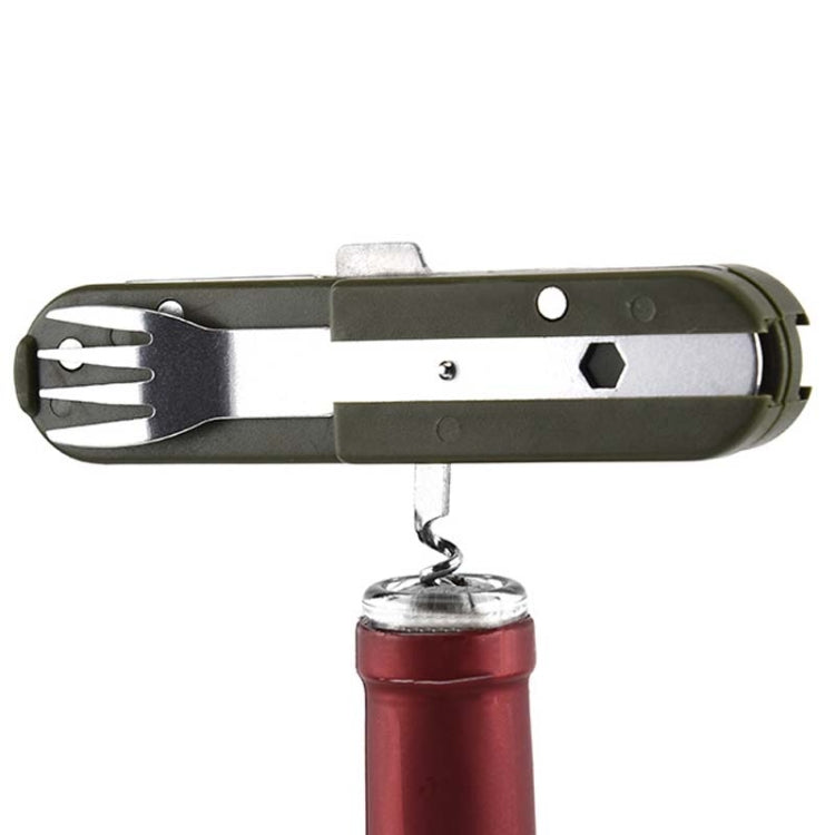 Olive green closed multi-tool with fork prongs and corkscrew/bottle opener