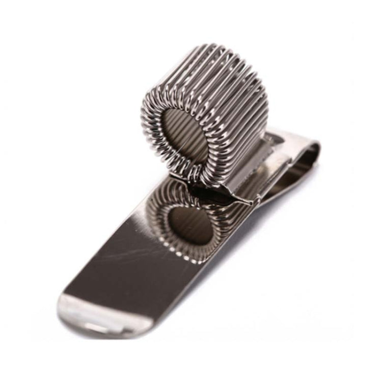 Metal pen holder clip with single spring coil and adhesive backing, rivet design